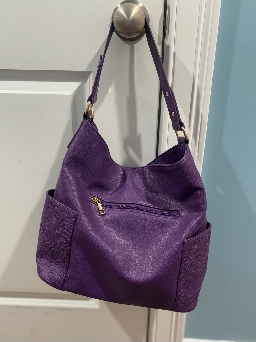 Purple Shoulder Bag with Embossed Floral Side Panels - Picture 6 of 7